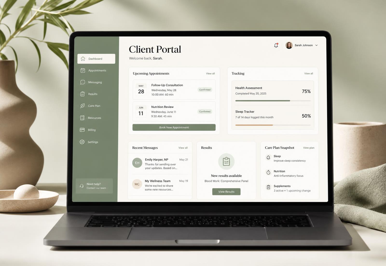 Client wellness portal displayed on a laptop