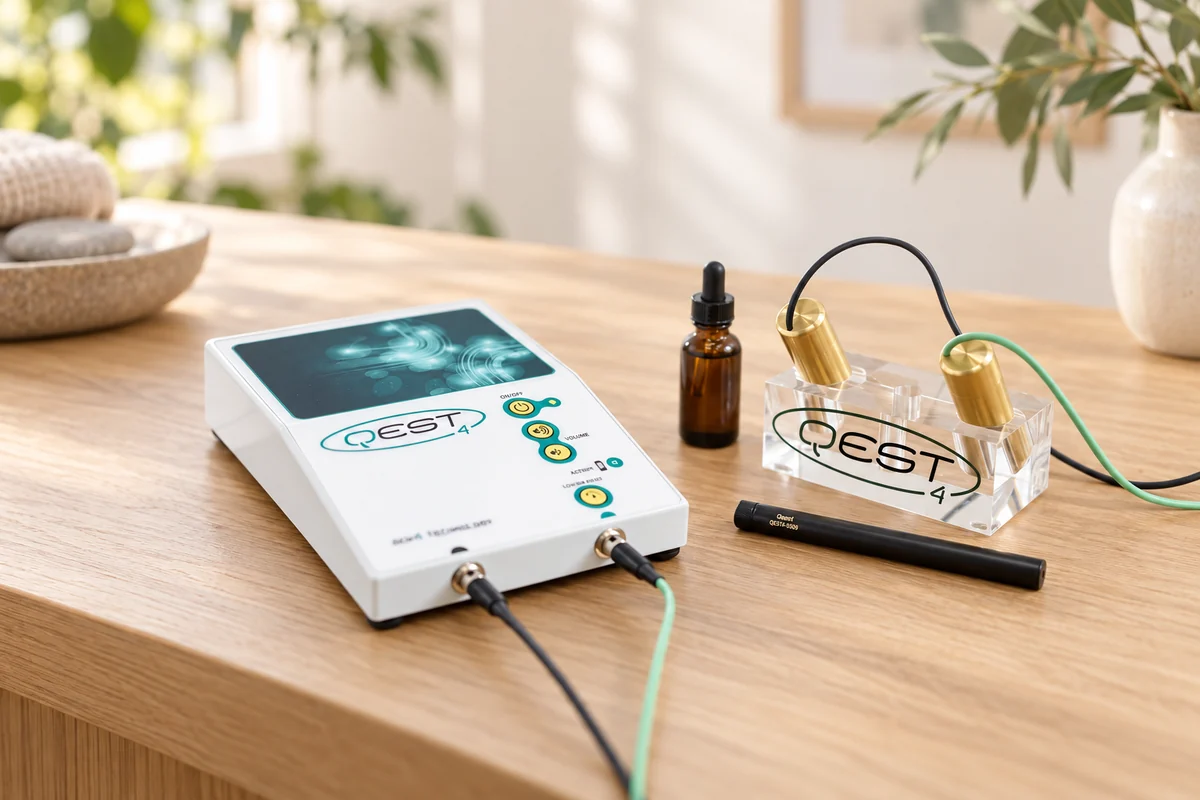 The QEST4 bioenergetic testing device with hand electrodes on a wooden table