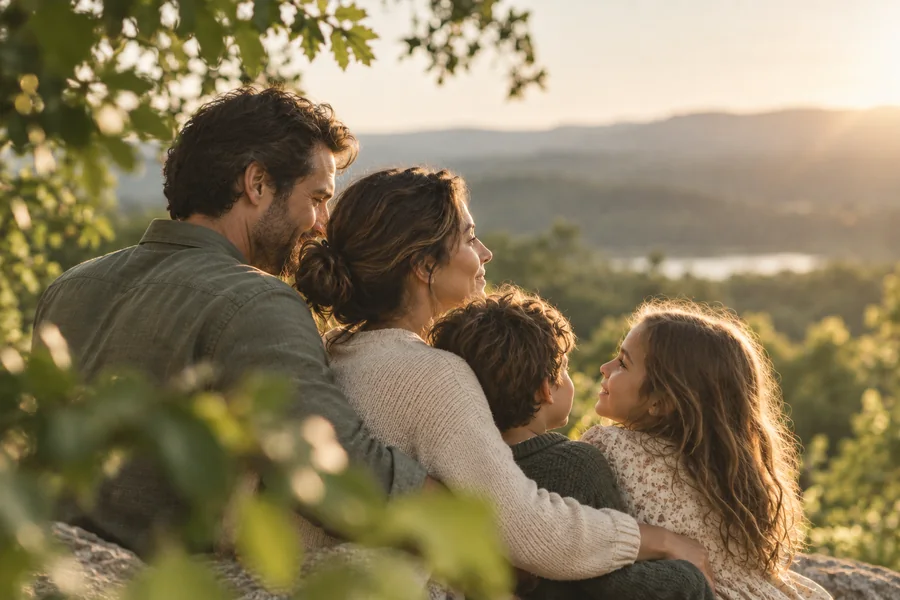 A family sitting together at golden hour, looking out over a sunlit valley